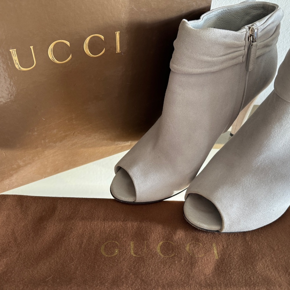 Gucci Suede Leather Gray Open Toe Heel Boots Women’s Size 39